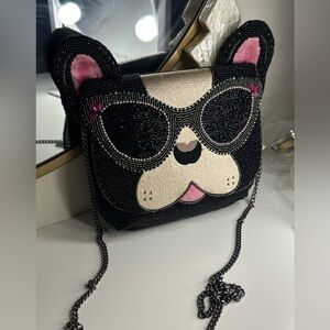 Mary Frances French Bulldog Pink and Black Beaded Bag